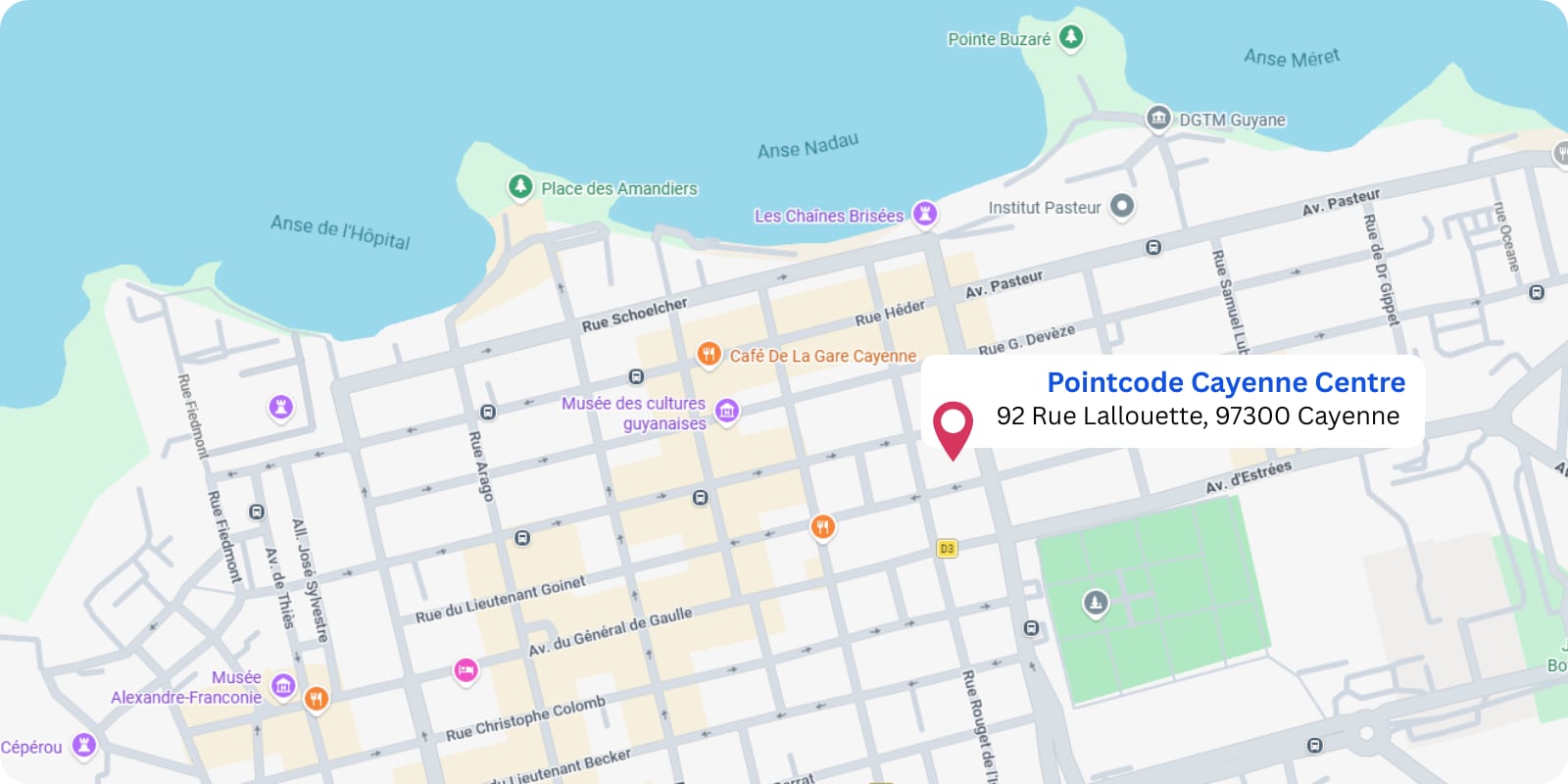 plan Pointcode Cayenne Centre : 92 rue Lallouette, 97300 Cayenne, Guyane française