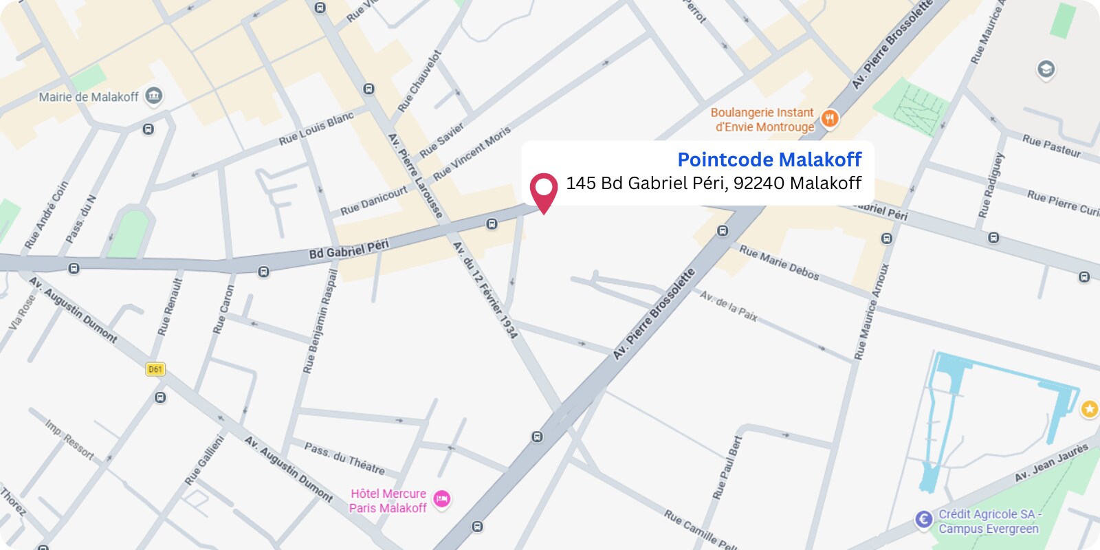 plan Pointcode Malakoff  : 145 boulevard Gabriel Péri, 92240 Malakoff 