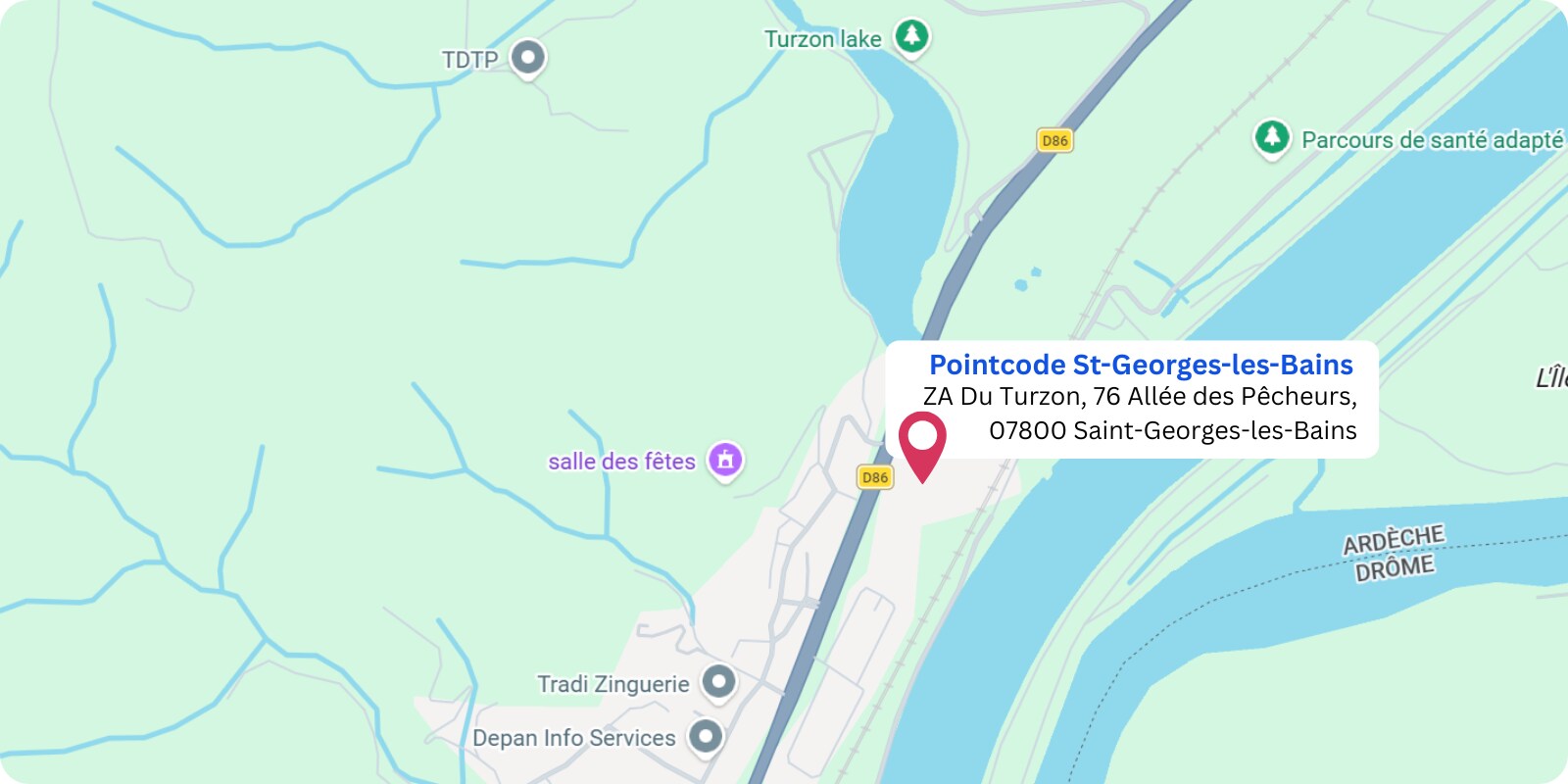 plan Pointcode St-Georges-les-Bains : Z.A. du Turzon 76 Allee des Pecheurs, 07800 St-Georges-les-Bains